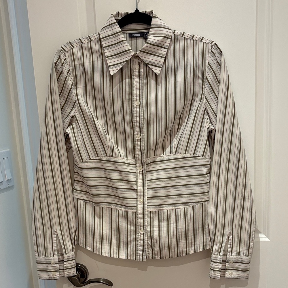 Mexx Striped Button-Front Shirt in Cream and Brown Stripes 100% cotton